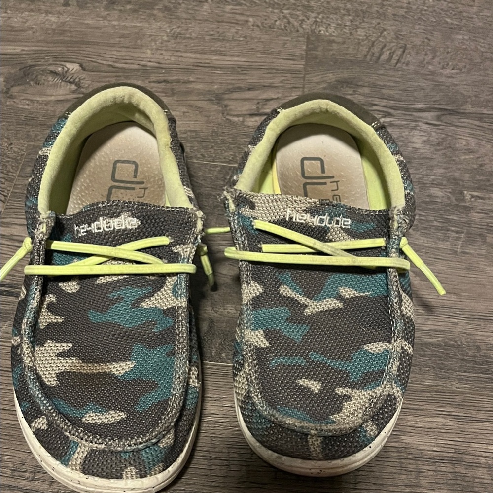 Hey Dude Kids Camouflage Slip-On Sneakers in Teal, Gray and Neon Yellow